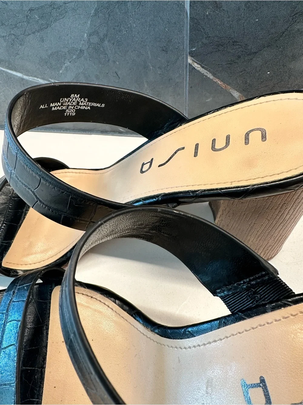 Unisa Yara 3 Black Croc-Embossed Double Strap Block Heel Sandals